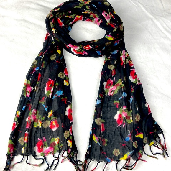 Sheer cotton black fringed, vibrant pattern colored scarf two sided